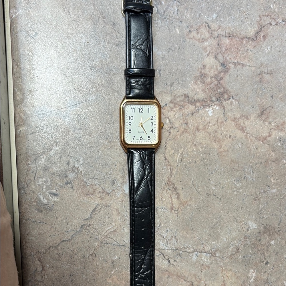 Black Leather Strap Watch with Gold-Tone Case